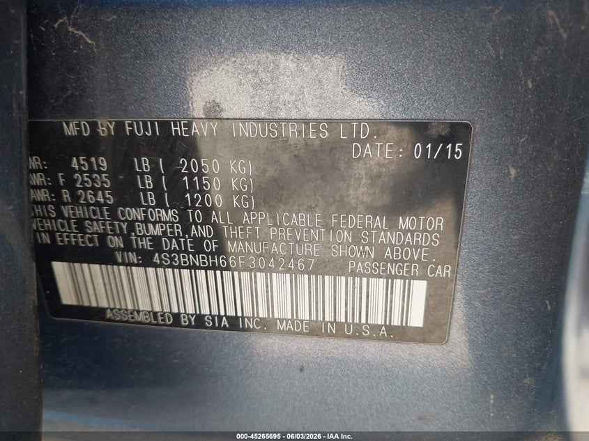 2015 Subaru Legacy 2.5I Premium VIN: 4S3BNBH66F3042467 Lot: 45265695