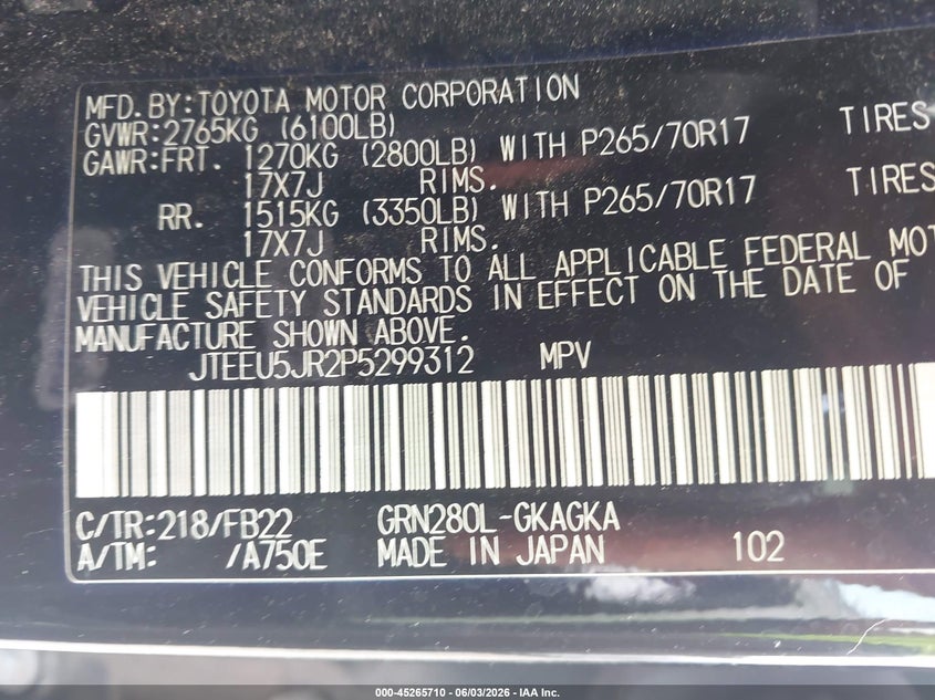 2023 Toyota 4Runner Sr5 VIN: JTEEU5JR2P5299312 Lot: 45265710