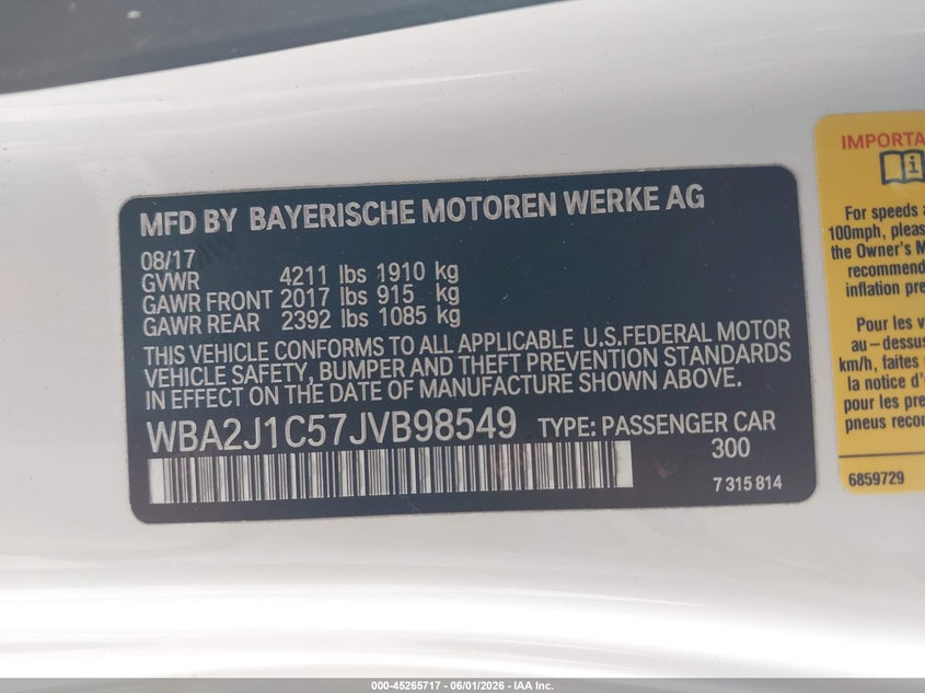 2018 BMW 230I VIN: WBA2J1C57JVB98549 Lot: 45265717
