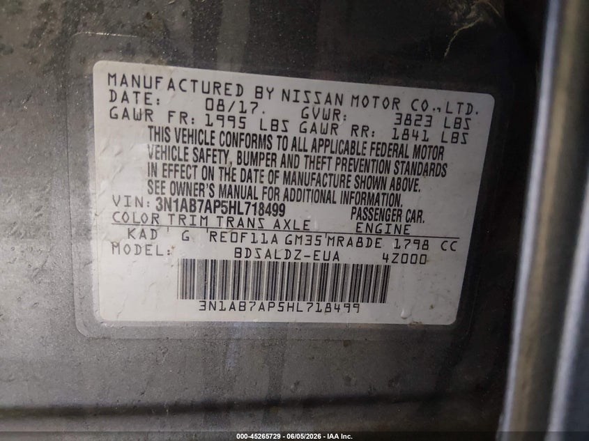 2017 Nissan Sentra Sv VIN: 3N1AB7AP5HL718499 Lot: 45265729