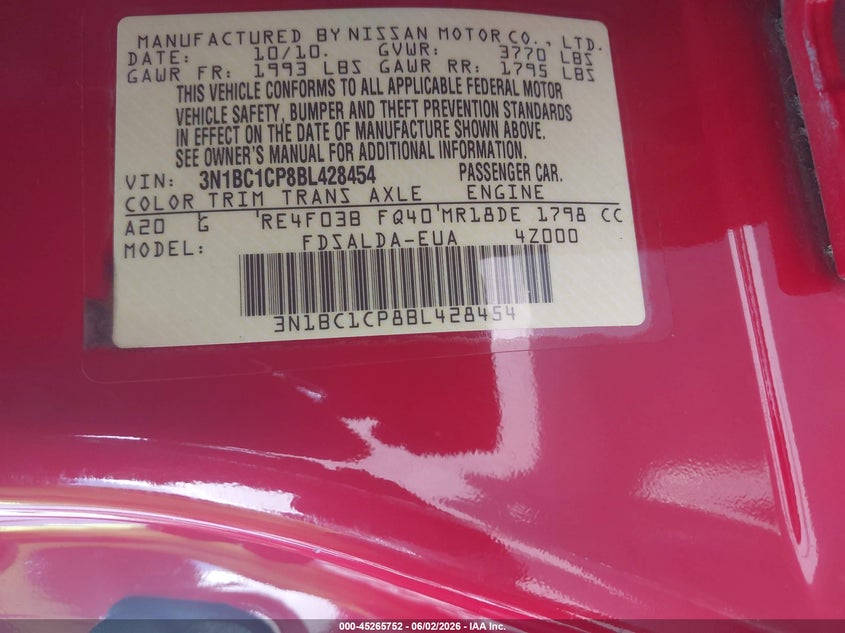 2011 Nissan Versa 1.8S VIN: 3N1BC1CP8BL428454 Lot: 45265752