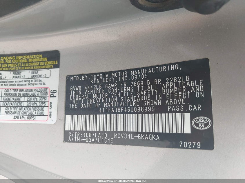 2006 Toyota Camry Solara Sle VIN: 4T1FA38P46U086999 Lot: 45265757