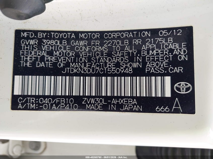 2012 Toyota Prius 1.8 Two white Lot 111045265760 Vin JTDKN3DU7C1550948