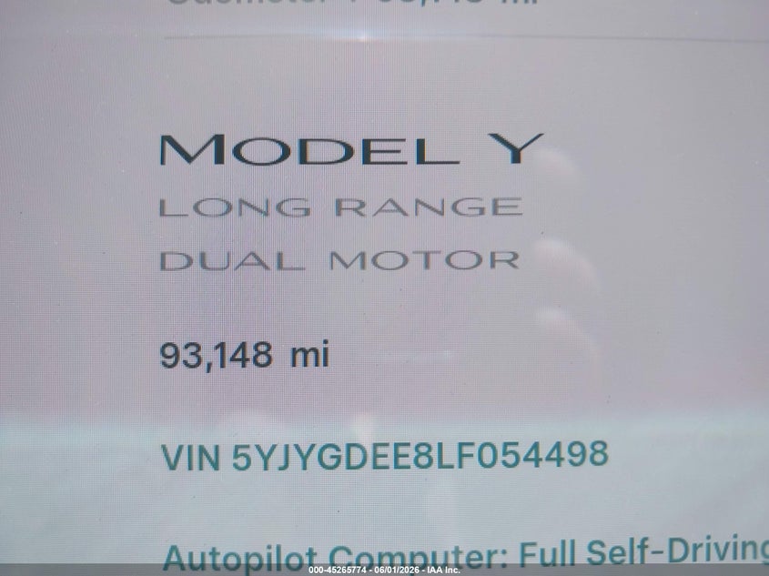 2020 Tesla Model Y Long Range Dual Motor All-Wheel Drive VIN: 5YJYGDEE8LF054498 Lot: 45265774