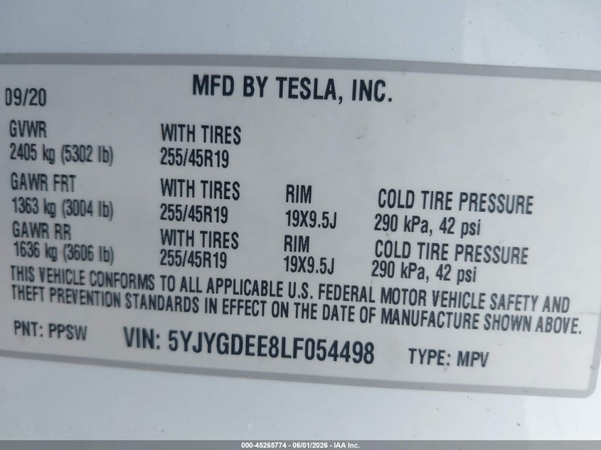 2020 Tesla Model Y Long Range Dual Motor All-Wheel Drive VIN: 5YJYGDEE8LF054498 Lot: 45265774