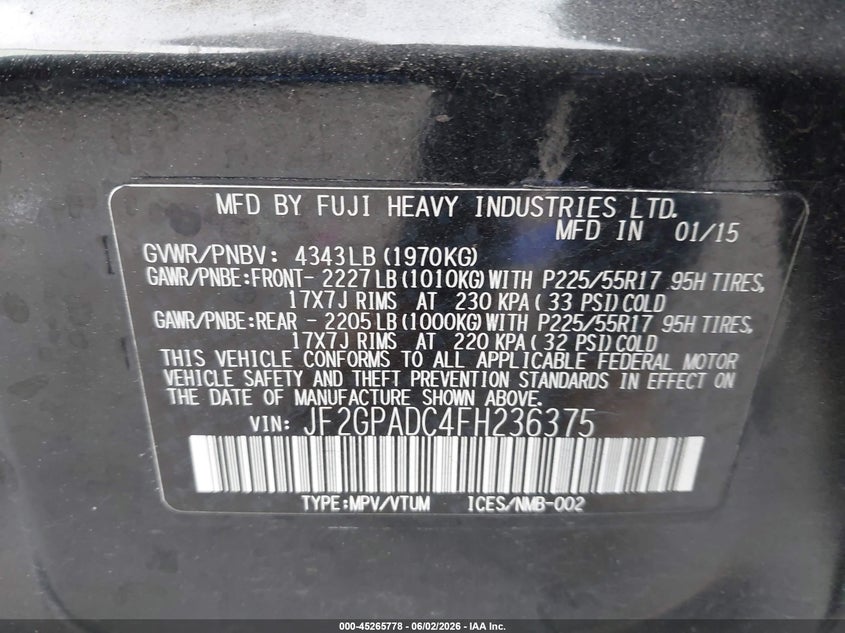 2015 Subaru Xv Crosstrek 2.0I Premium VIN: JF2GPADC4FH236375 Lot: 45265778