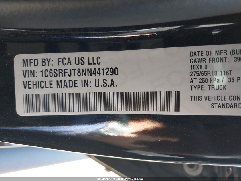 RAM 1500 2022 VIN 1C6SRFJT8NN441290