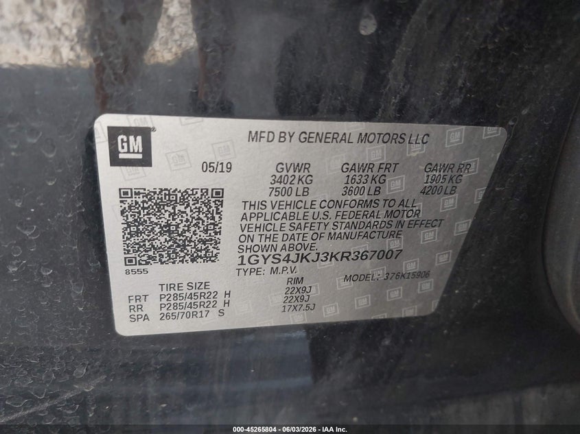 2019 Cadillac Escalade Esv Premium Luxury VIN: 1GYS4JKJ3KR367007 Lot: 45265804