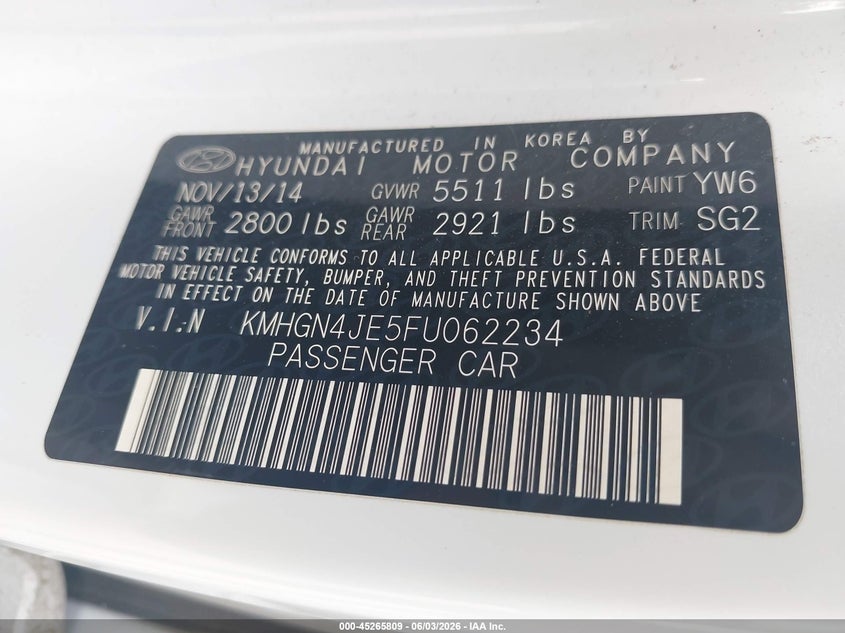 2015 Hyundai Genesis 3.8 VIN: KMHGN4JE5FU062234 Lot: 45265809