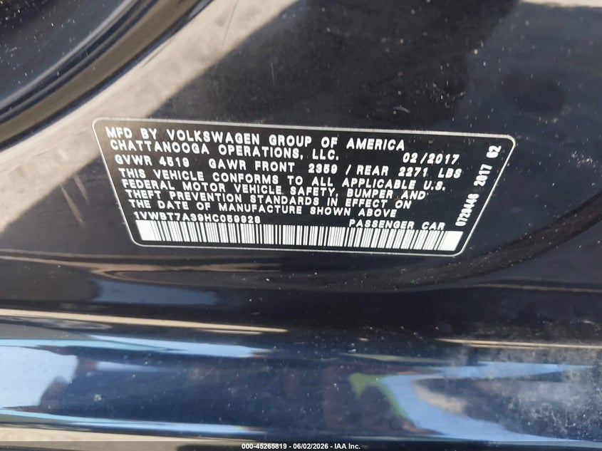 2017 Volkswagen Passat 1.8T Se VIN: 1VWBT7A39HC059928 Lot: 45265819