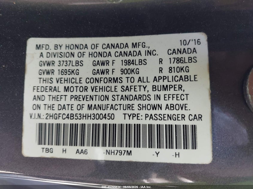 VIN 2HGFC4B53HH300450 2017 HONDA CIVIC LX