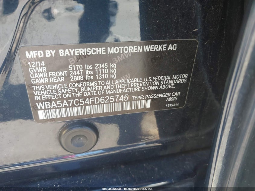 2015 BMW 528I xDrive VIN: WBA5A7C54FD625745 Lot: 45265844