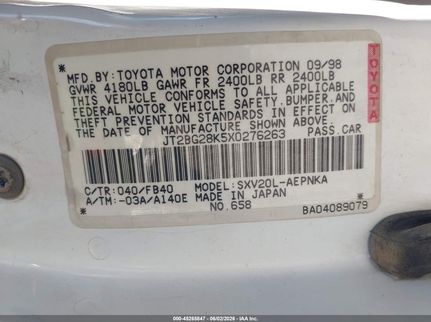 1999 Toyota Camry Le VIN: JT2BG28K5X0276263 Lot: 45265847