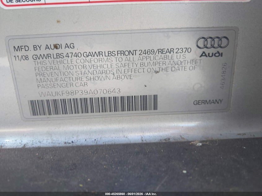 2009 Audi A3 2.0T VIN: WAUKF98P39A070643 Lot: 45265868