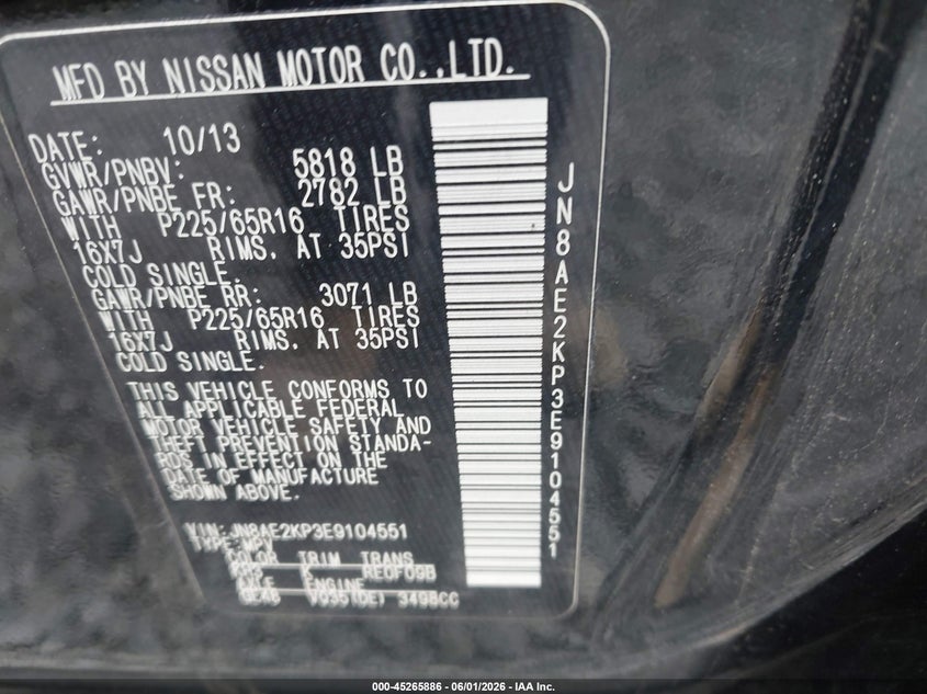 2014 Nissan Quest Sv VIN: JN8AE2KP3E9104551 Lot: 45265886