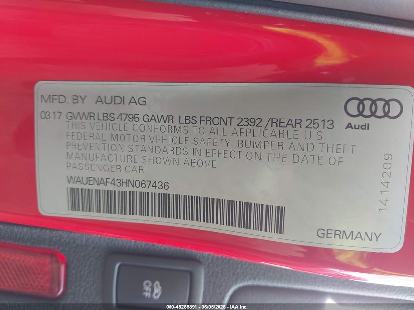 2017 Audi A4 2.0T Premium VIN: WAUENAF43HN067436 Lot: 45265891