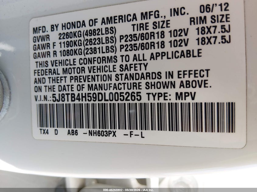 2013 Acura Rdx VIN: 5J8TB4H59DL005265 Lot: 45265902