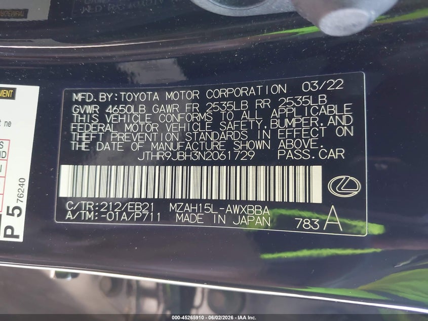 2022 Lexus Ux 250H F Sport VIN: JTHR9JBH3N2061729 Lot: 45265910