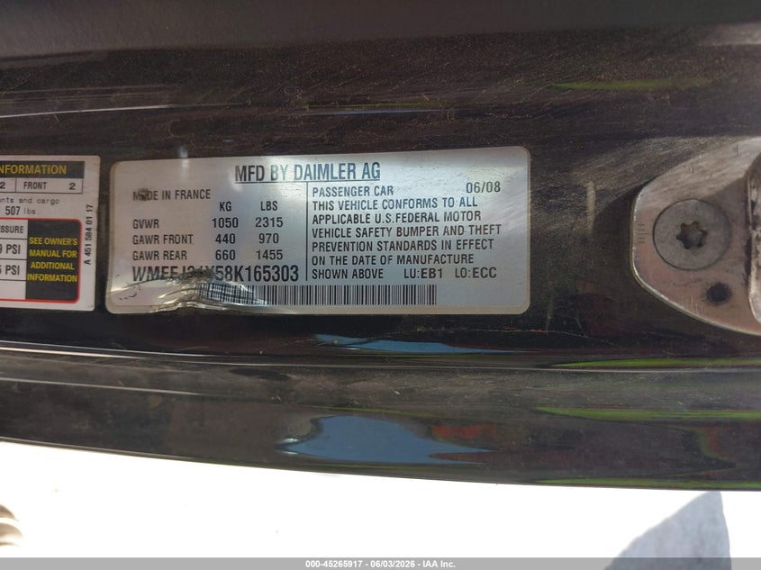 2008 Smart Fortwo Passion/Pure VIN: WMEEJ31X58K165303 Lot: 45265917