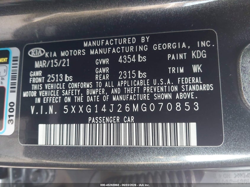 2021 Kia K5 Lxs VIN: 5XXG14J26MG070853 Lot: 45265968
