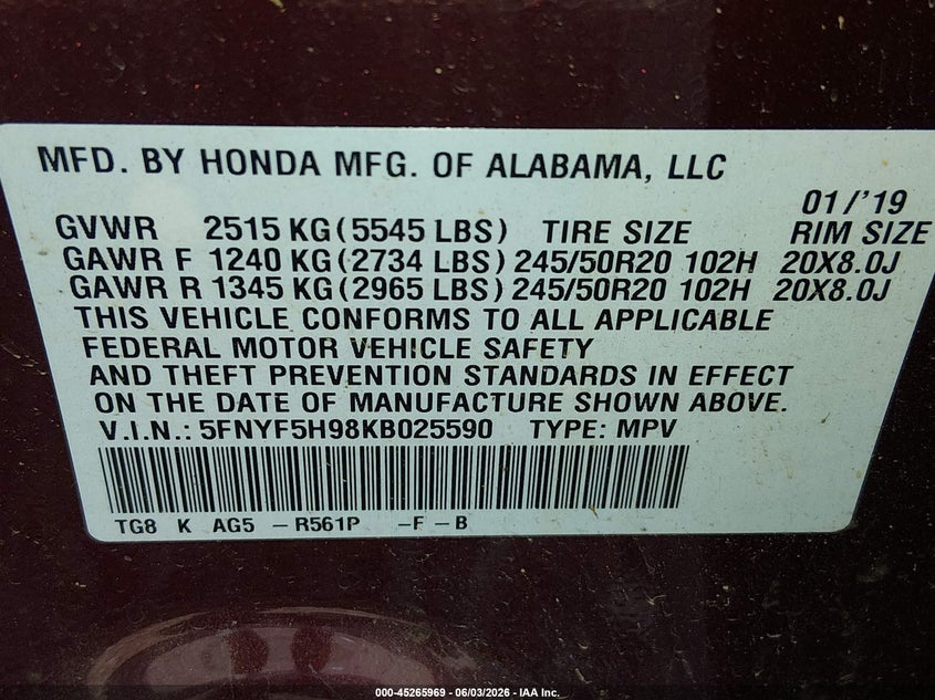 2019 Honda Pilot Touring VIN: 5FNYF5H98KB025590 Lot: 45265969
