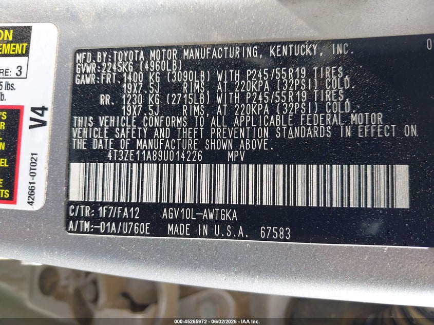 2009 Toyota Venza VIN: 4T3ZE11A89U014226 Lot: 45265972