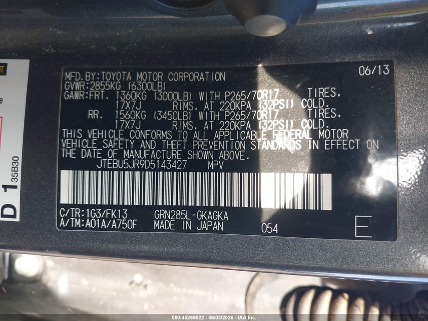 2013 Toyota 4Runner Sr5 VIN: JTEBU5JR9D5143427 Lot: 45266022