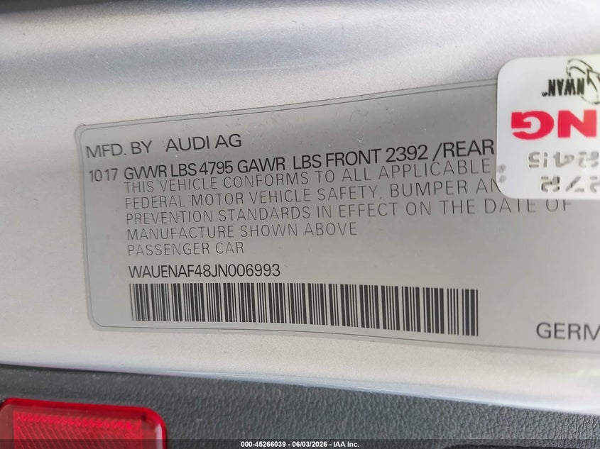 2018 Audi A4 2.0T Premium/2.0T Tech Premium VIN: WAUENAF48JN006993 Lot: 45266039
