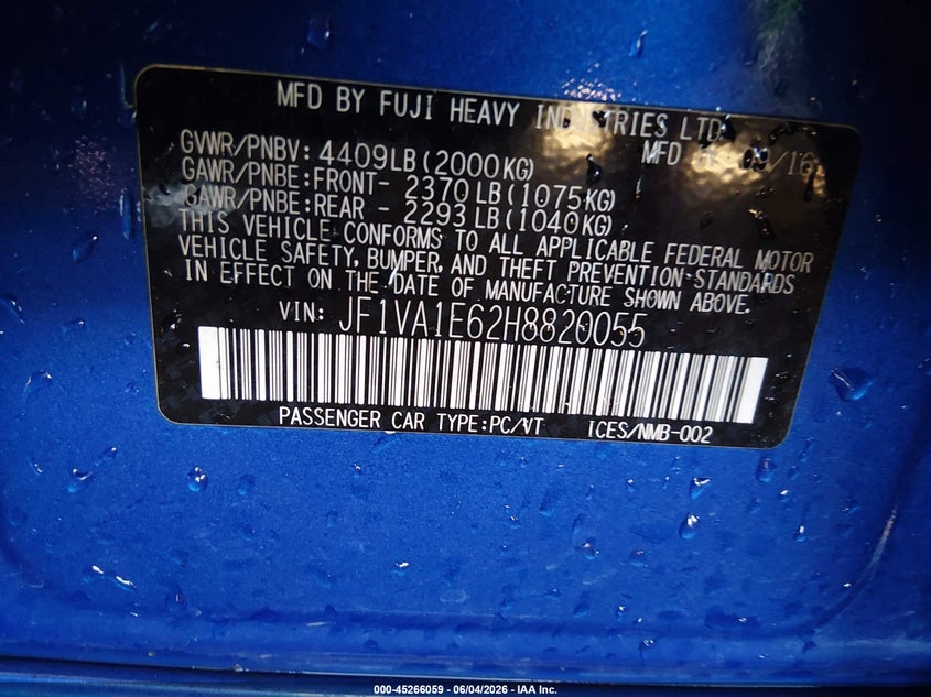 2017 Subaru Wrx Premium VIN: JF1VA1E62H8820055 Lot: 45266059