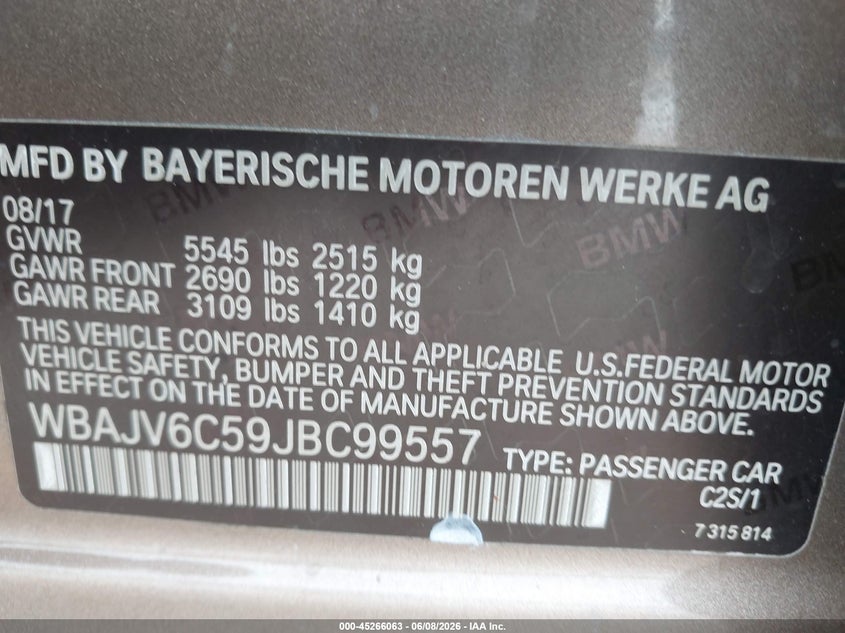 2018 BMW 640I Gran Turismo xDrive VIN: WBAJV6C59JBC99557 Lot: 45266063