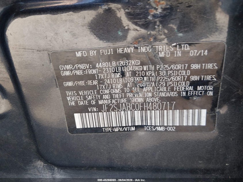2015 Subaru Forester 2.5I VIN: JF2SJABC0FH480717 Lot: 45266069
