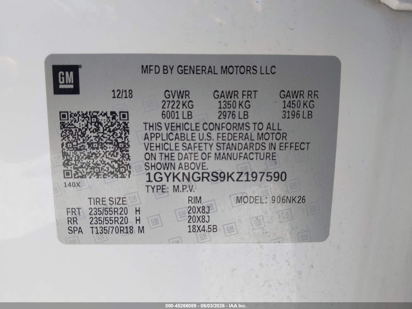 2019 Cadillac Xt5 Platinum VIN: 1GYKNGRS9KZ197590 Lot: 45266089