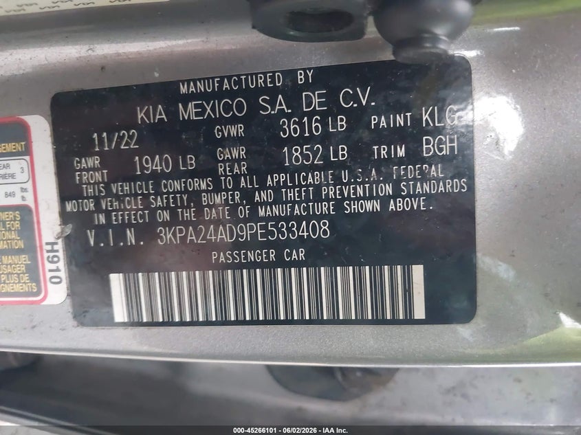 2023 Kia Rio S VIN: 3KPA24AD9PE533408 Lot: 45266101
