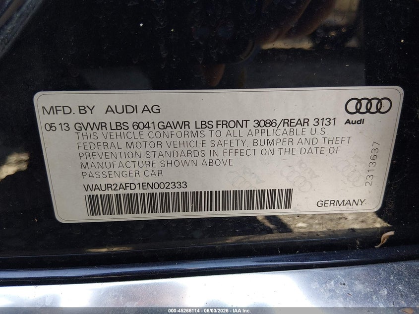 2014 Audi A8 L 4.0T VIN: WAUR2AFD1EN002333 Lot: 45266114