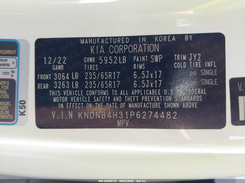 2023 Kia Carnival Mpv Lx Seat Package VIN: KNDNB4H31P6274482 Lot: 45266133
