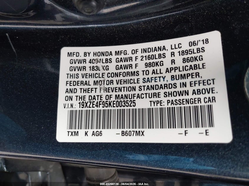 2019 Honda Insight Touring VIN: 19XZE4F95KE003525 Lot: 45266136