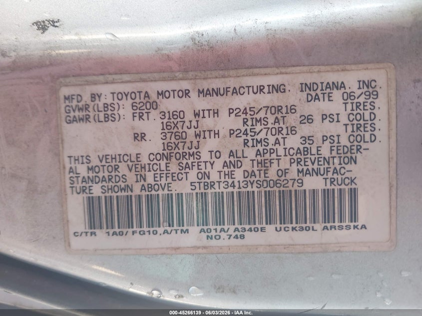 2000 Toyota Tundra Sr5 V8 VIN: 5TBRT3413YS006279 Lot: 45266139