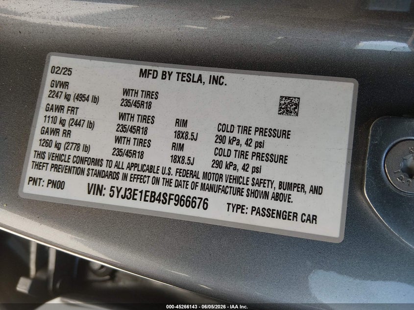 2025 Tesla Model 3 Long Range All-Wheel Drive VIN: 5YJ3E1EB4SF966676 Lot: 45266143
