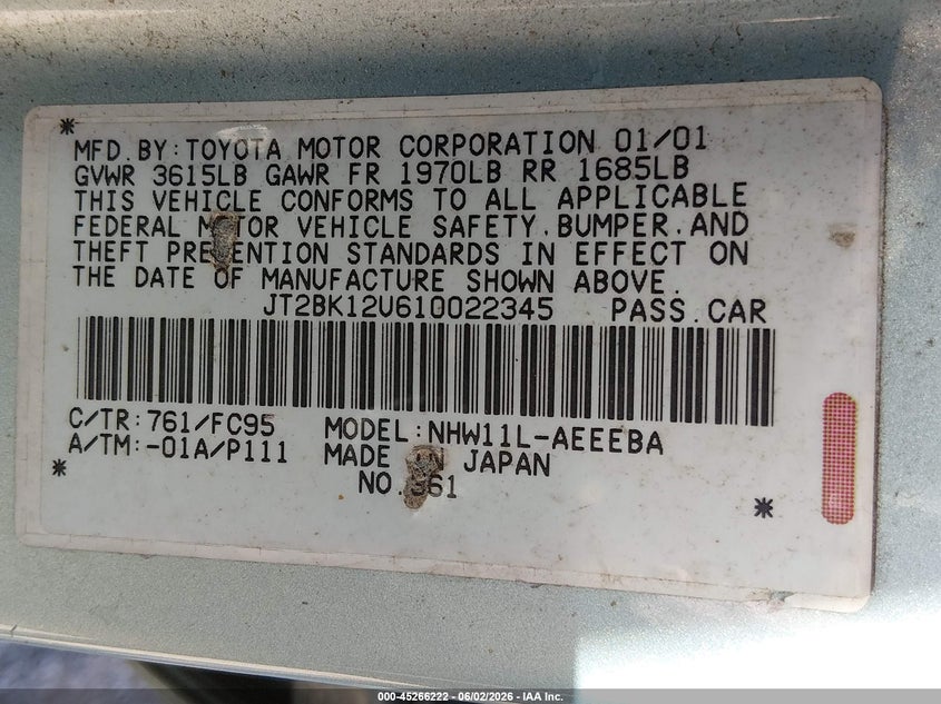 2001 Toyota Prius VIN: JT2BK12U610022345 Lot: 45266222