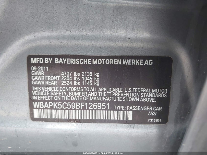 2011 BMW 328I xDrive VIN: WBAPK5C59BF126951 Lot: 45266231