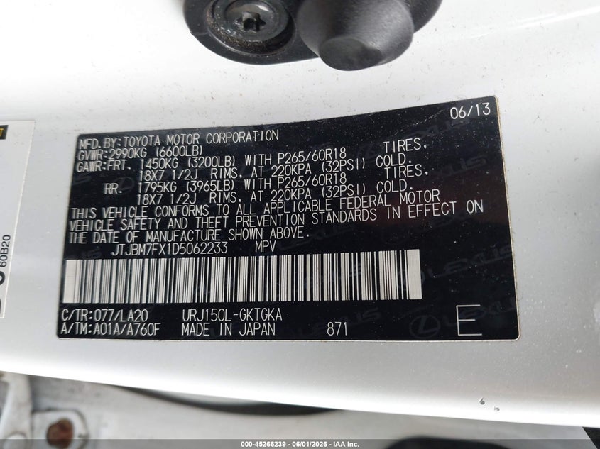 2013 Lexus Gx 460 VIN: JTJBM7FX1D5062233 Lot: 45266239