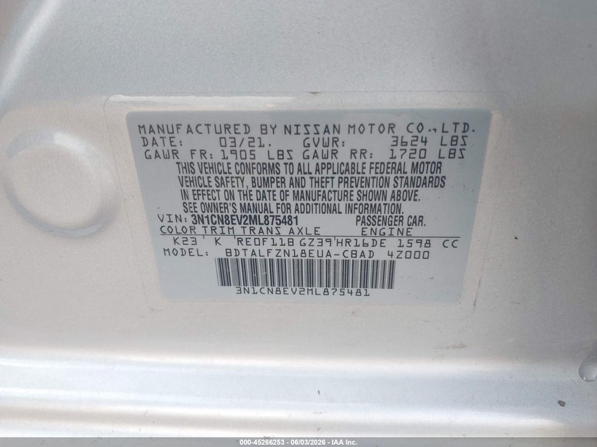 2021 Nissan Versa Sv Xtronic Cvt VIN: 3N1CN8EV2ML875481 Lot: 45266253