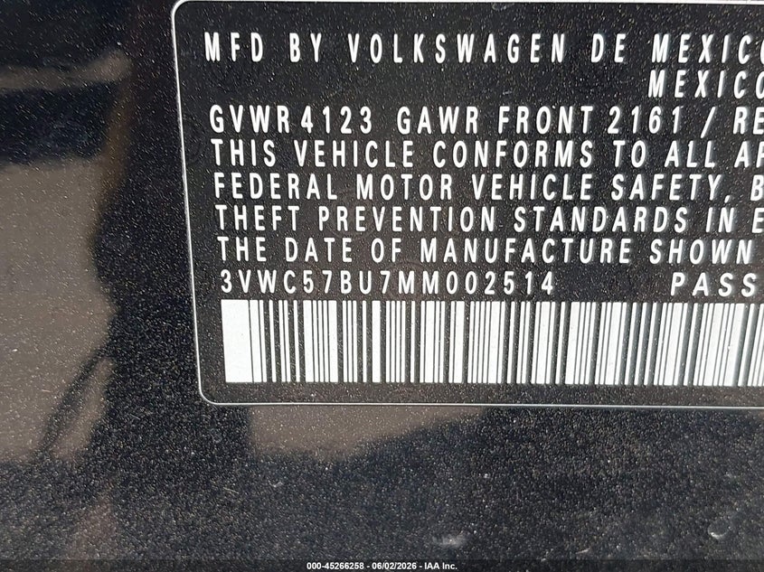 2021 Volkswagen Jetta 1.4T R-Line/1.4T S/1.4T Se VIN: 3VWC57BU7MM002514 Lot: 45266258