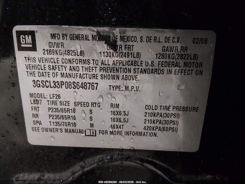 2008 Saturn Vue 4-Cyl Xe VIN: 3GSCL33P08S648767 Lot: 45266260