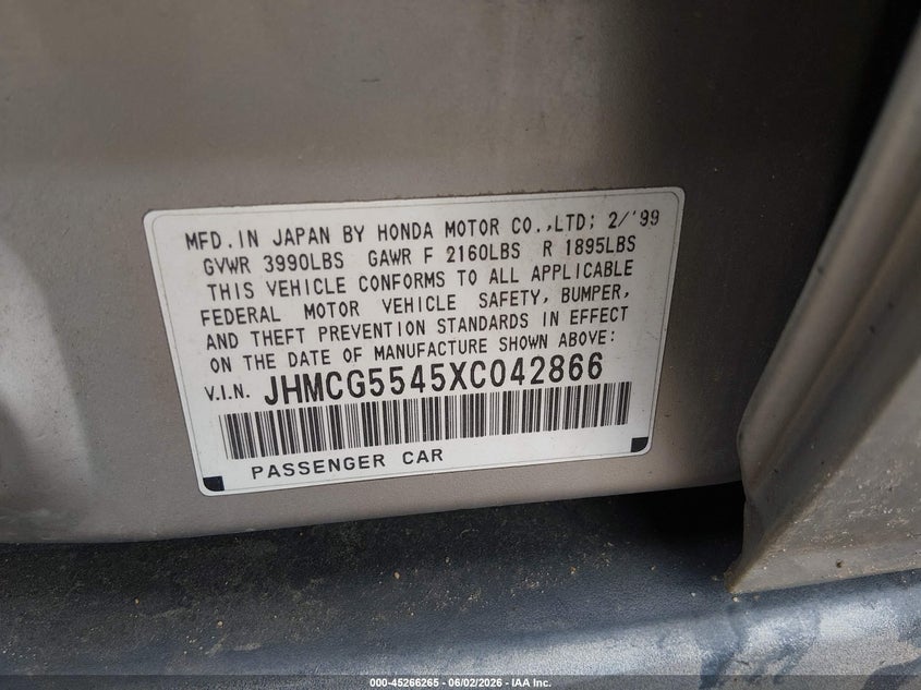 1999 Honda Accord Lx VIN: JHMCG5545XC042866 Lot: 45266265