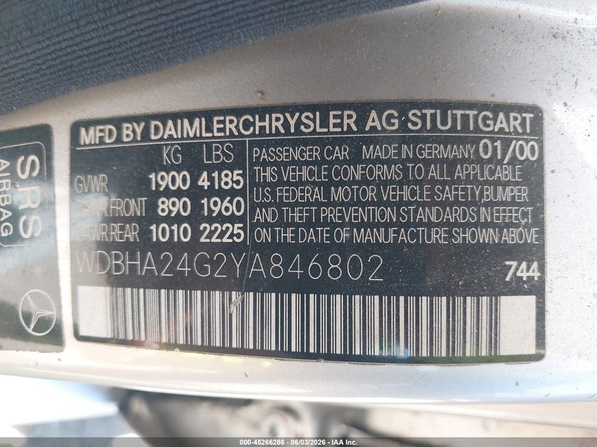 2000 Mercedes-Benz C 230 Kompressor VIN: WDBHA24G2YA846802 Lot: 45266286