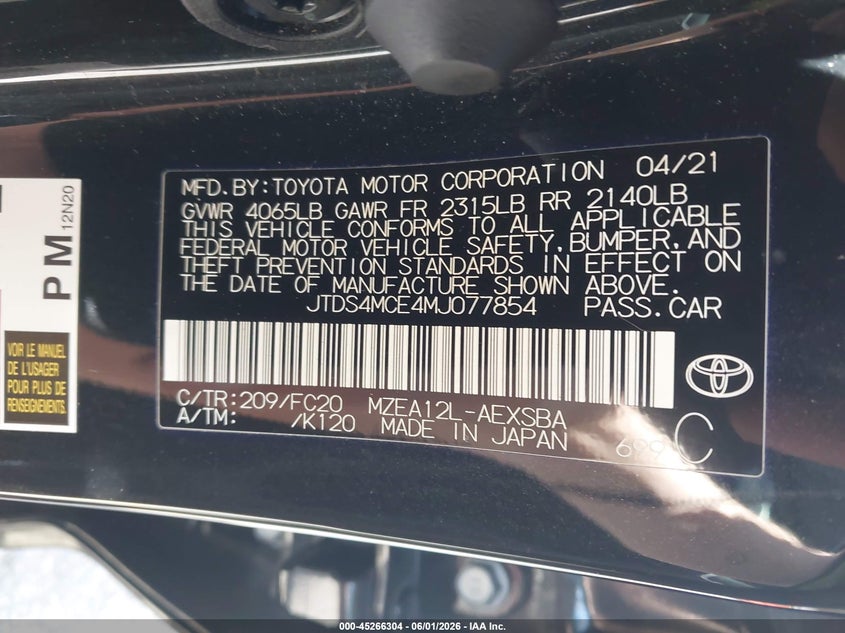 VIN JTDS4MCE4MJ077854 2021 TOYOTA COROLLA SE