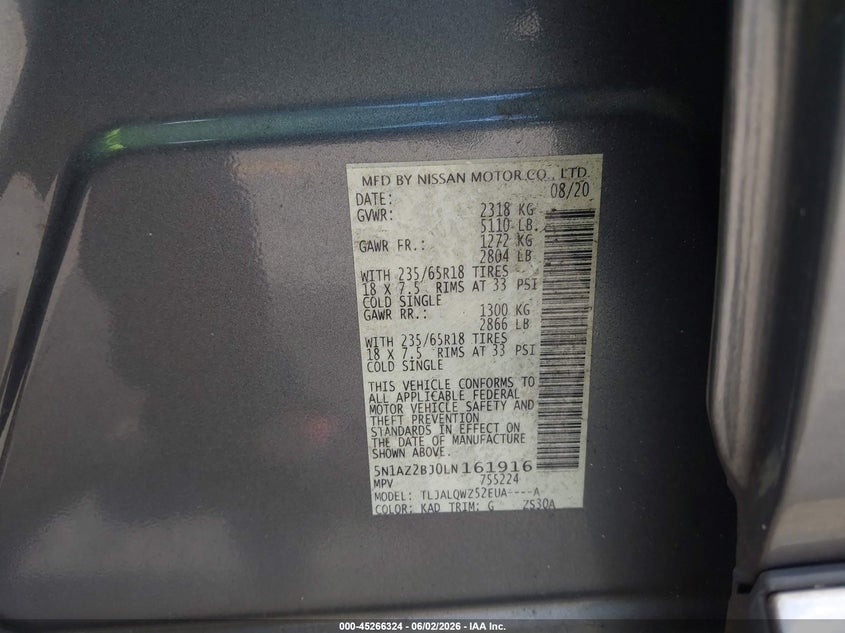 NISSAN MURANO 2020 VIN 5N1AZ2BJ0LN161916