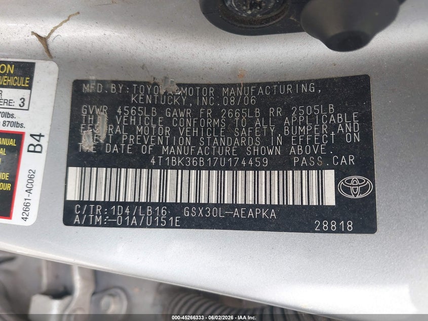 2007 Toyota Avalon Limited VIN: 4T1BK36B17U174459 Lot: 45266333