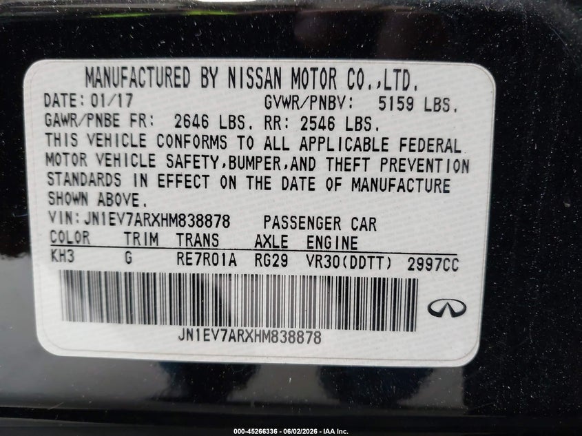 2017 Infiniti Q50 3.0T Signature Edition VIN: JN1EV7ARXHM838878 Lot: 45266336